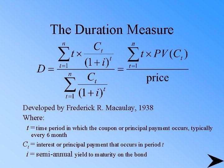 The Duration Measure Developed by Frederick R. Macaulay, 1938 Where: t = time period