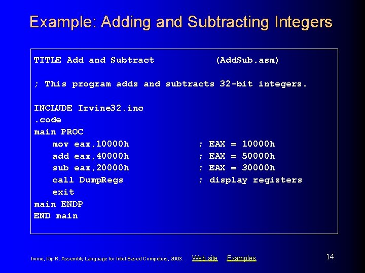 Example: Adding and Subtracting Integers TITLE Add and Subtract (Add. Sub. asm) ; This Example: Adding and Subtracting Integers TITLE Add and Subtract (Add. Sub. asm) ; This