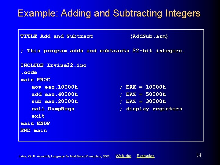 Example: Adding and Subtracting Integers TITLE Add and Subtract (Add. Sub. asm) ; This