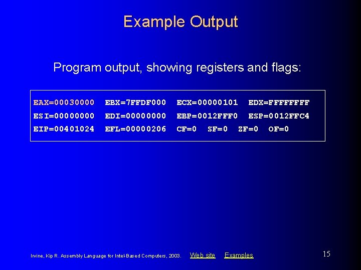 Example Output Program output, showing registers and flags: EAX=00030000 EBX=7 FFDF 000 ECX=00000101 EDX=FFFF