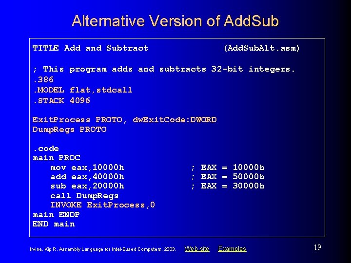 Alternative Version of Add. Sub TITLE Add and Subtract (Add. Sub. Alt. asm) ;