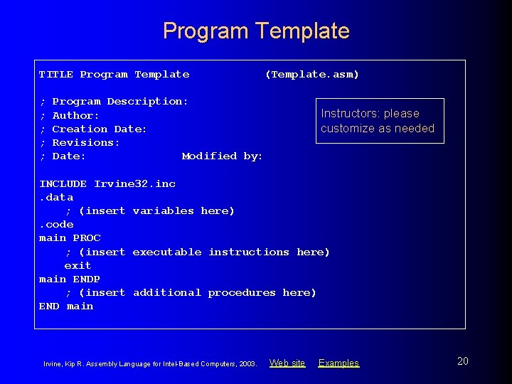 Program Template TITLE Program Template ; ; ; (Template. asm) Program Description: Author: Creation Program Template TITLE Program Template ; ; ; (Template. asm) Program Description: Author: Creation