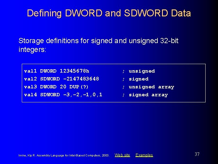 Defining DWORD and SDWORD Data Storage definitions for signed and unsigned 32 -bit integers: