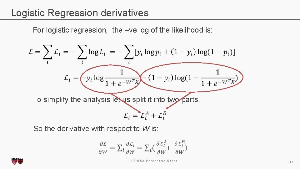 Logistic Regression derivatives For logistic regression, the –ve log of the likelihood is: To