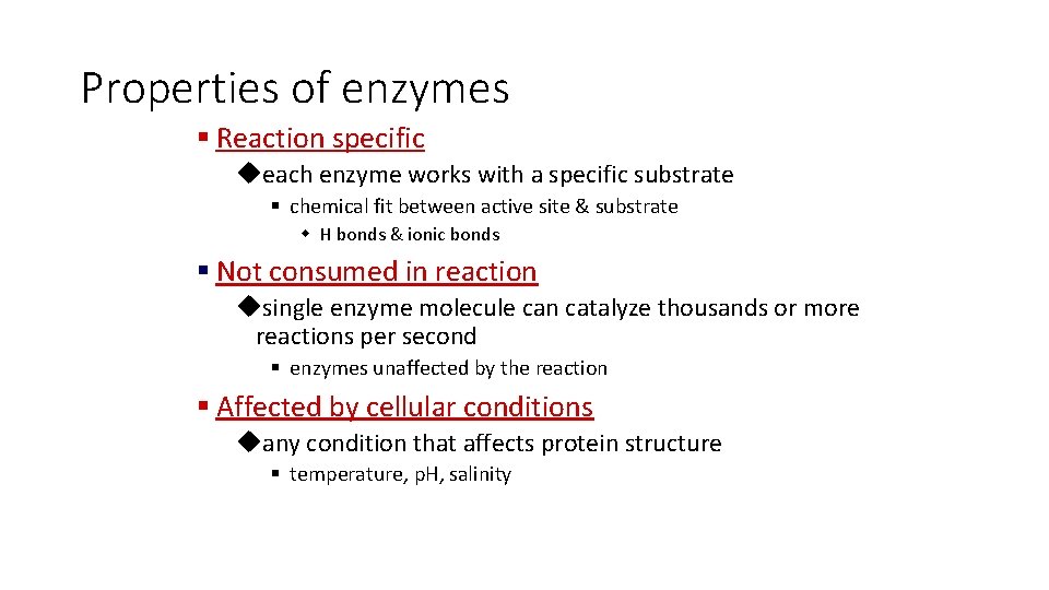 Properties of enzymes § Reaction specific ueach enzyme works with a specific substrate §