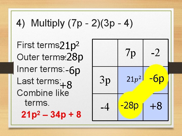 4) Multiply (7 p - 2)(3 p - 4) First terms: 21 p 2