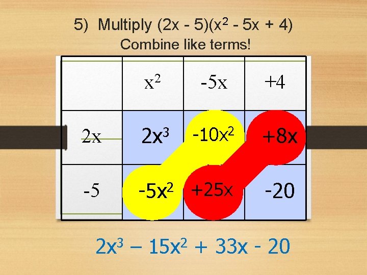 5) Multiply (2 x - 5)(x 2 - 5 x + 4) Combine like