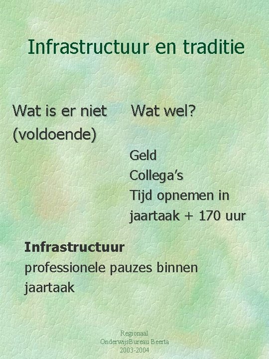 Infrastructuur en traditie Wat is er niet (voldoende) Wat wel? Geld Collega’s Tijd opnemen