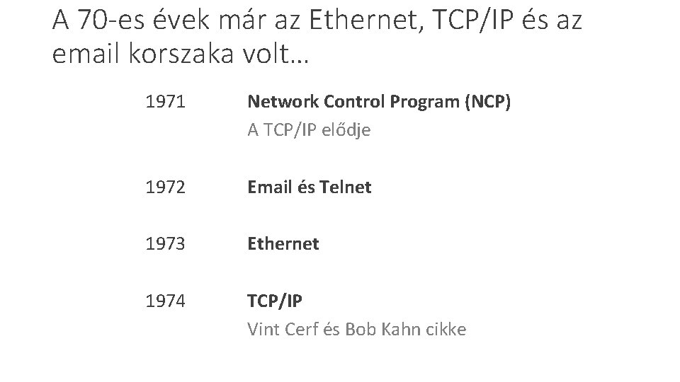 A 70 -es évek már az Ethernet, TCP/IP és az email korszaka volt… 1971