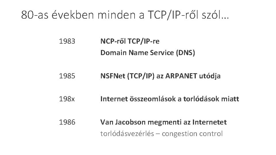 80 -as években minden a TCP/IP-ről szól… 1983 NCP-ről TCP/IP-re Domain Name Service (DNS)