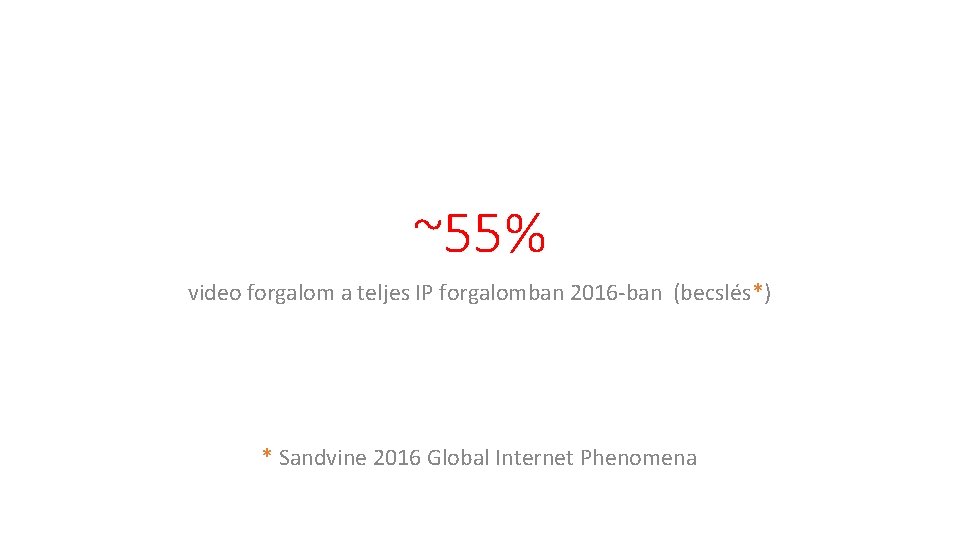 ~55% video forgalom a teljes IP forgalomban 2016 -ban (becslés*) * Sandvine 2016 Global
