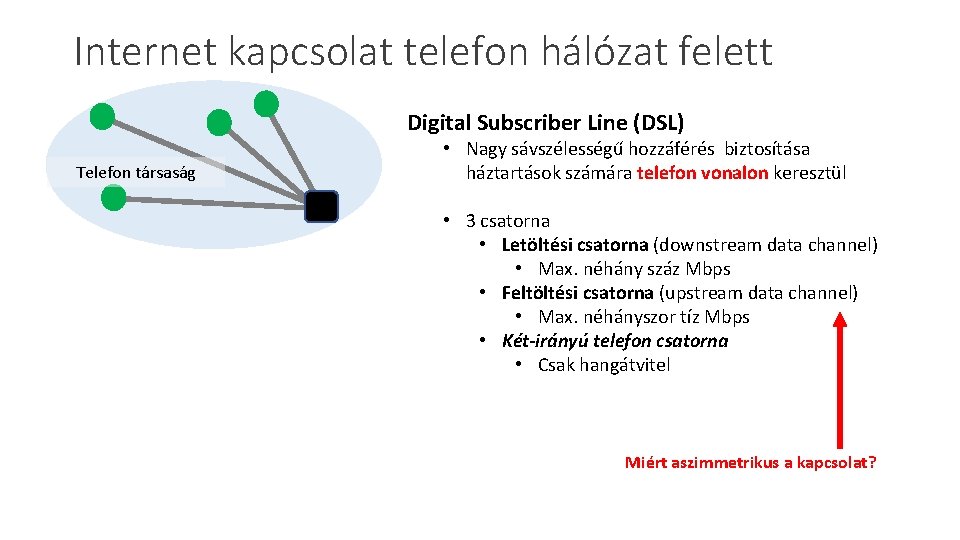 Internet kapcsolat telefon hálózat felett Digital Subscriber Line (DSL) Telefon társaság • Nagy sávszélességű