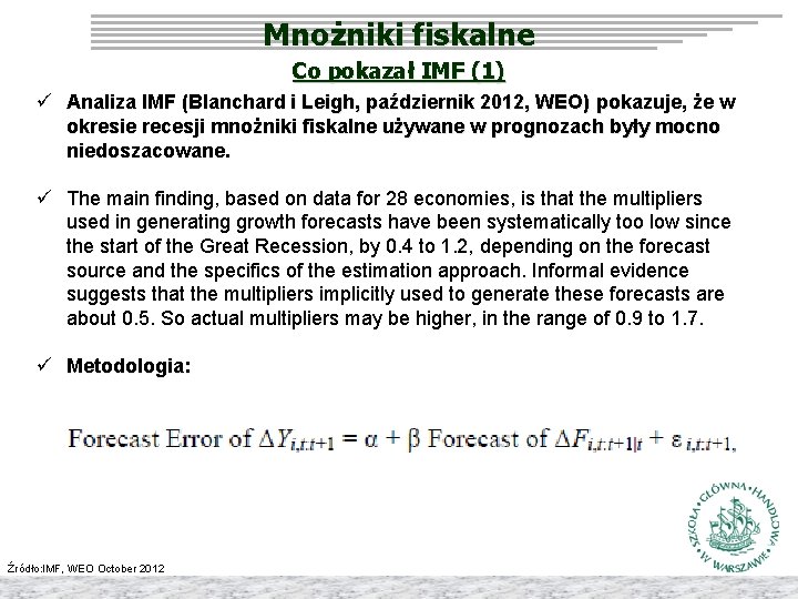 Mnożniki fiskalne Co pokazał IMF (1) ü Analiza IMF (Blanchard i Leigh, październik 2012,