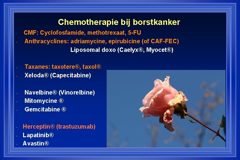 Chemotherapie bij borstkanker - - - CMF: Cyclofosfamide, methotrexaat, 5 -FU Anthracyclines: adriamycine, epirubicine