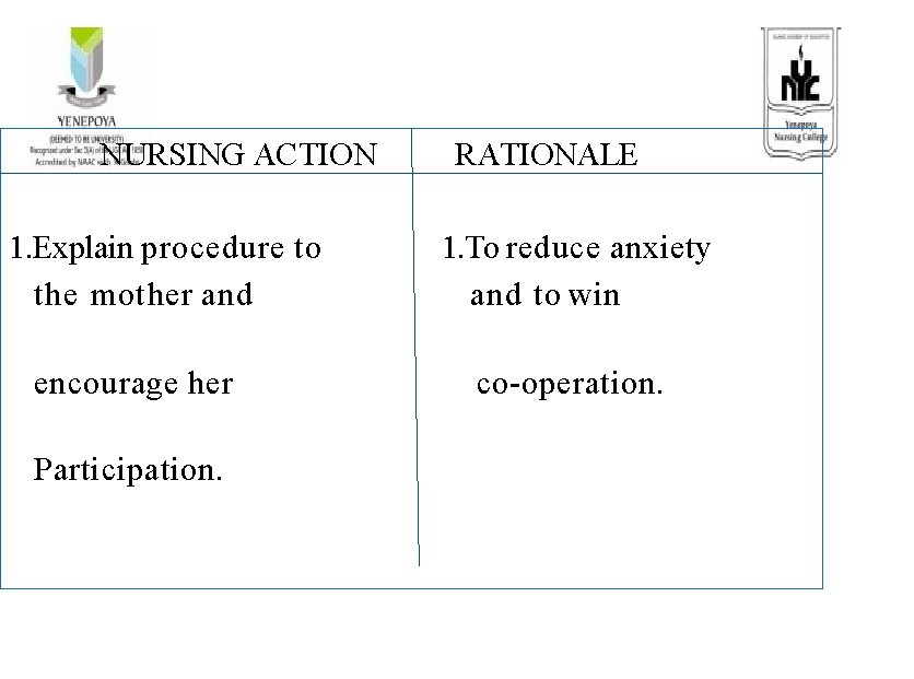 NURSING ACTION 1. Explain procedure to the mother and encourage her Participation. RATIONALE 1.