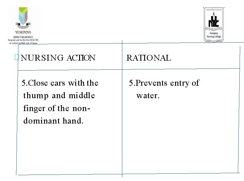 � NURSING ACTION 5. Close ears with the thump and middle finger of the