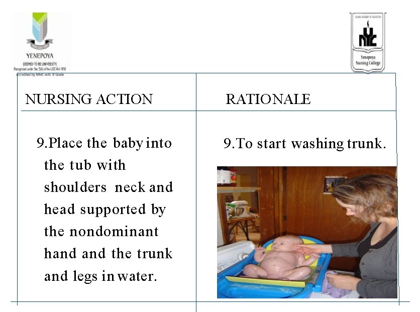 NURSING ACTION 9. Place the baby into the tub with shoulders neck and head