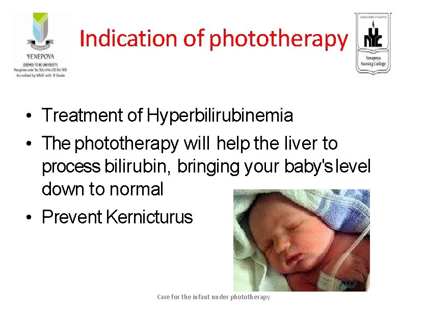 Indication of phototherapy • Treatment of Hyperbilirubinemia • The phototherapy will help the liver