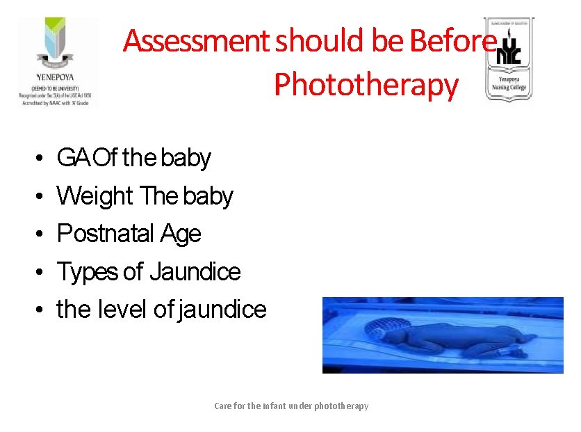 Assessment should be Before Phototherapy • • • GA Of the baby Weight The