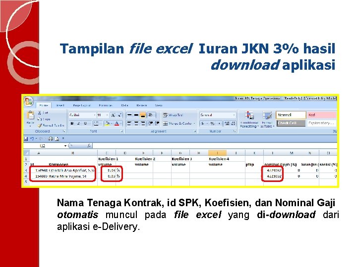 Tampilan file excel Iuran JKN 3% hasil download aplikasi Nama Tenaga Kontrak, id SPK,