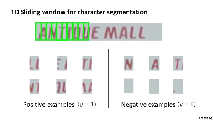 1 D Sliding window for character segmentation Positive examples Negative examples Andrew Ng 