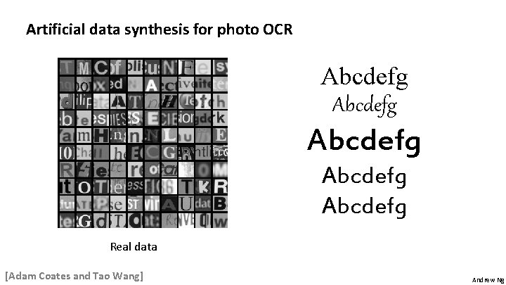 Artificial data synthesis for photo OCR Abcdefg Abcdefg Real data [Adam Coates and Tao