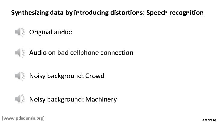Synthesizing data by introducing distortions: Speech recognition Original audio: Audio on bad cellphone connection