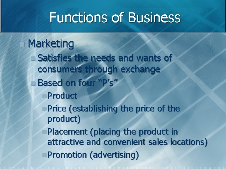 Functions of Business n Marketing n Satisfies the needs and wants of consumers through