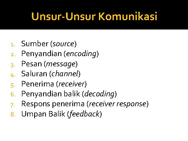 Unsur-Unsur Komunikasi 1. 2. 3. 4. 5. 6. 7. 8. Sumber (source) Penyandian (encoding)