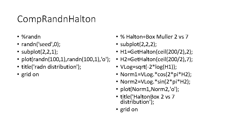 Comp. Randn. Halton • • • %randn('seed', 0); subplot(2, 2, 1); plot(randn(100, 1), 'o');