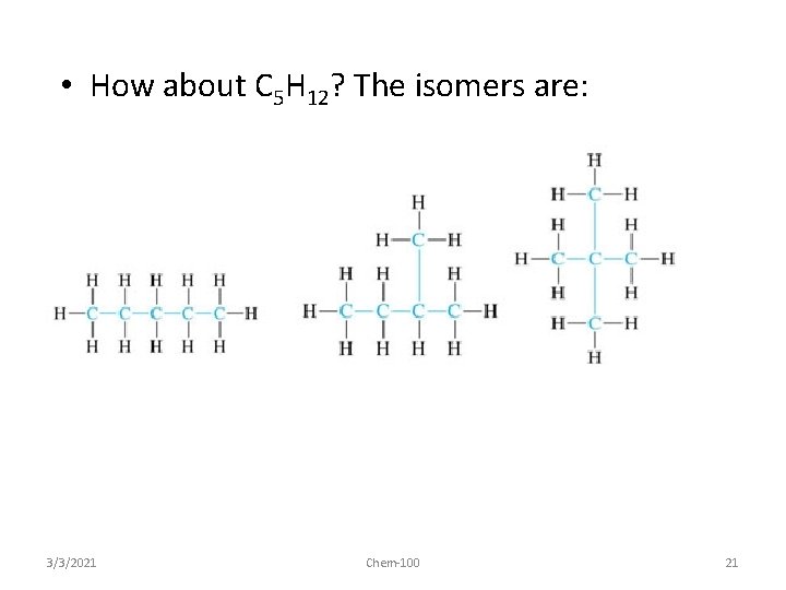  • How about C 5 H 12? The isomers are: Pentane 3/3/2021 2