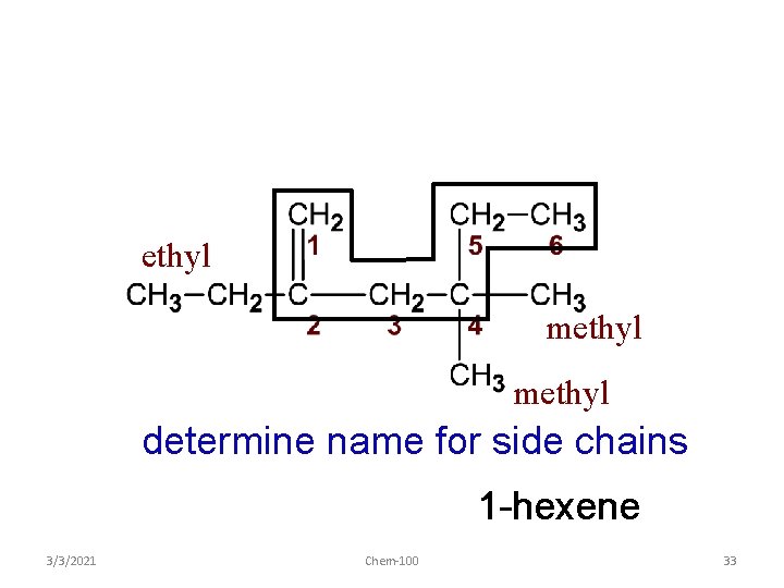 ethyl methyl determine name for side chains 1 -hexene 3/3/2021 Chem-100 33 