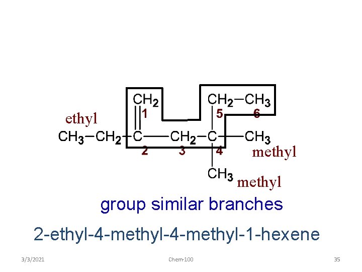 ethyl methyl group similar branches 2 -ethyl-4 -methyl-1 -hexene 3/3/2021 Chem-100 35 