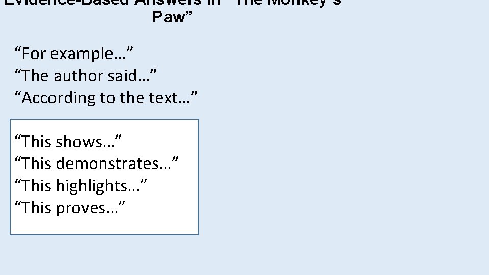 Evidence-Based Answers in “The Monkey’s Paw” “For example…” “The author said…” “According to the