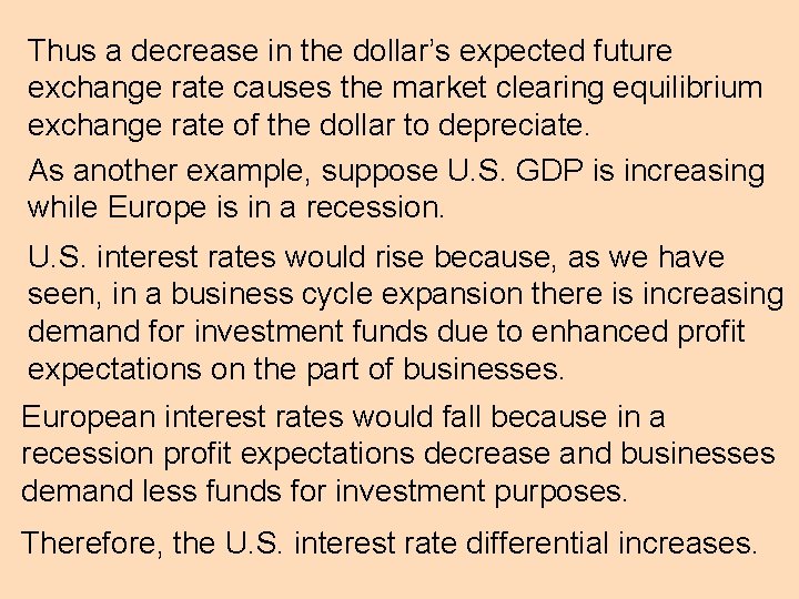 Thus a decrease in the dollar’s expected future exchange rate causes the market clearing