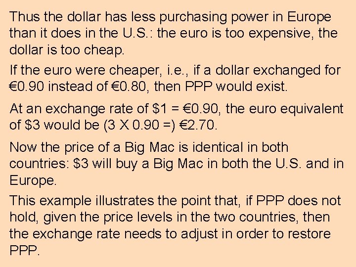 Thus the dollar has less purchasing power in Europe than it does in the