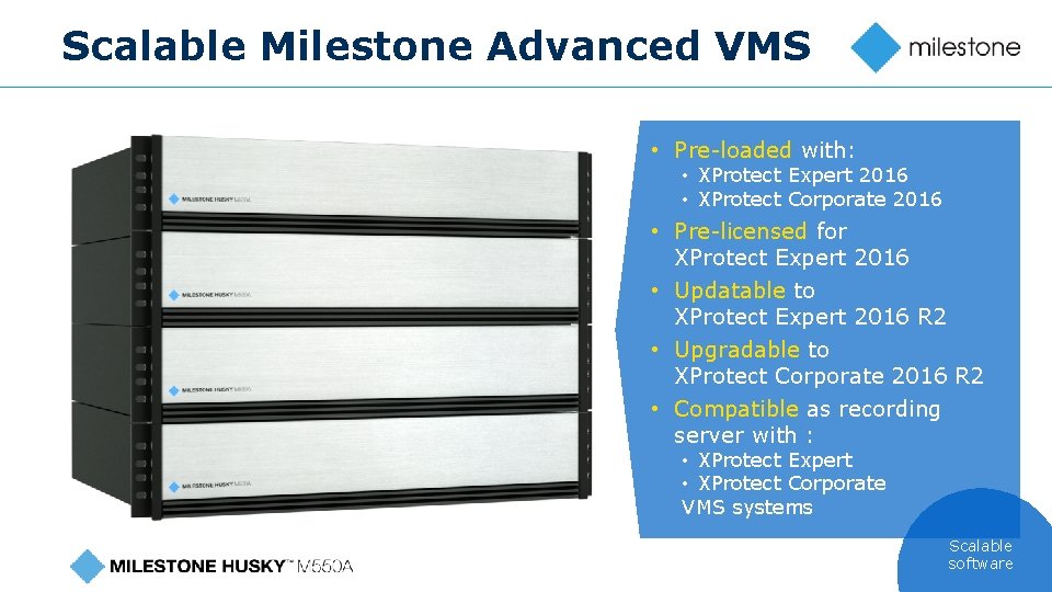 Scalable Milestone Advanced VMS • Pre-loaded with: • XProtect Expert 2016 • XProtect Corporate