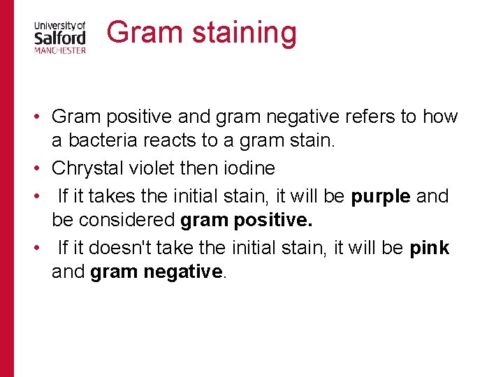 Gram staining • Gram positive and gram negative refers to how a bacteria reacts
