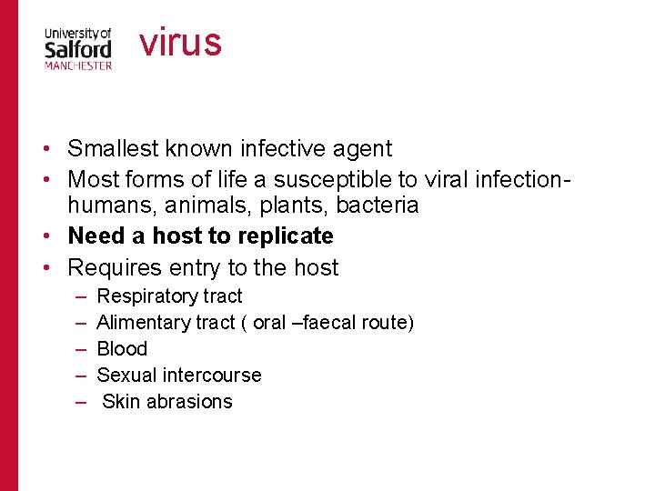 virus • Smallest known infective agent • Most forms of life a susceptible to