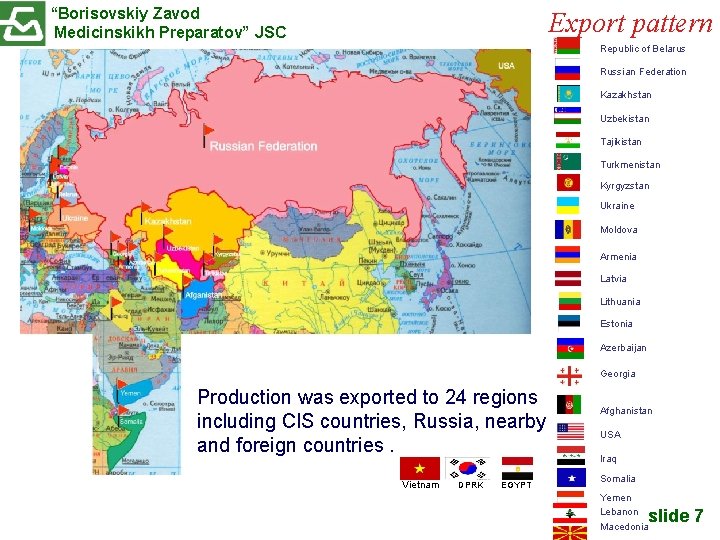 “Borisovskiy Zavod Medicinskikh Preparatov” JSC Export pattern Republic of Belarus Russian Federation Kazakhstan Uzbekistan