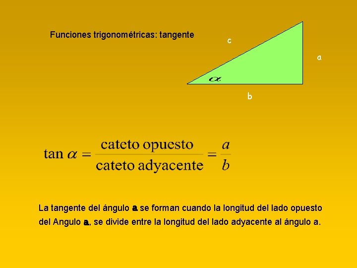 Funciones trigonométricas: tangente c a b La tangente del ángulo a se forman cuando