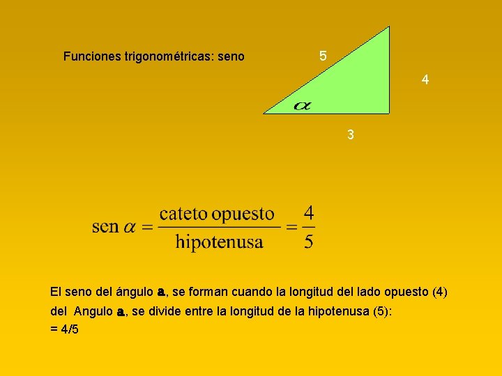 Funciones trigonométricas: seno 5 4 3 El seno del ángulo a, se forman cuando