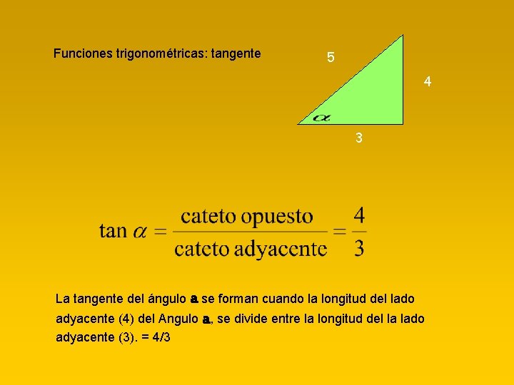 Funciones trigonométricas: tangente 5 4 3 La tangente del ángulo a se forman cuando