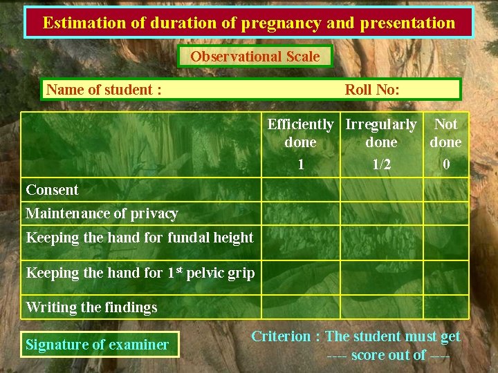 Estimation of duration of pregnancy and presentation Observational Scale Name of student : Roll