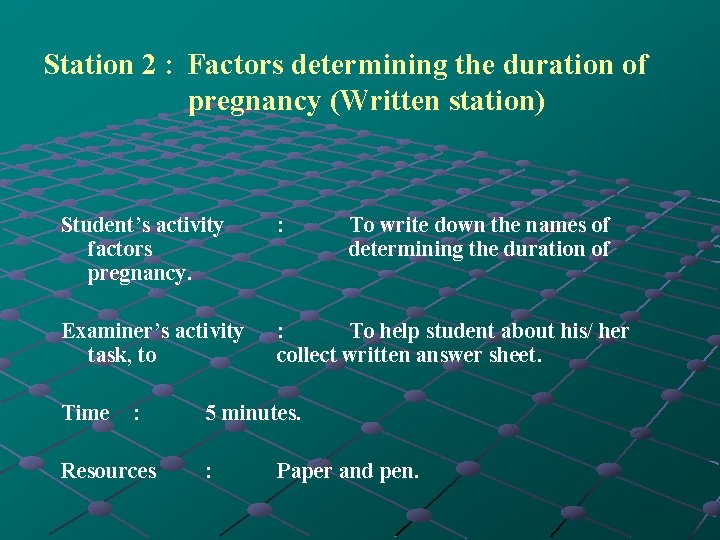 Station 2 : Factors determining the duration of pregnancy (Written station) Student’s activity factors