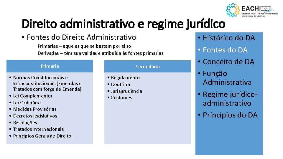 Direito administrativo e regime jurídico • Fontes do Direito Administrativo • Primárias – aquelas