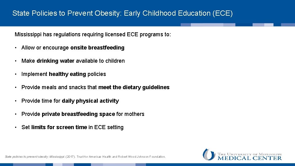  State Policies to Prevent Obesity: Early Childhood Education (ECE) Mississippi has regulations requiring