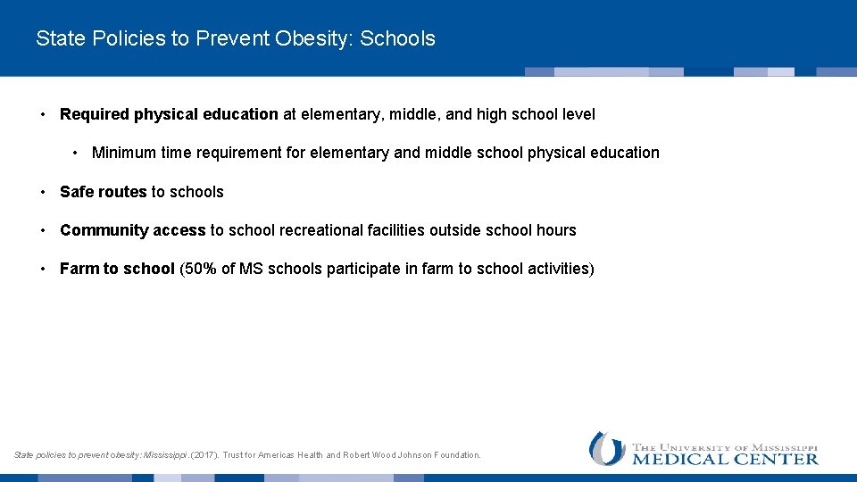  State Policies to Prevent Obesity: Schools • Required physical education at elementary, middle,