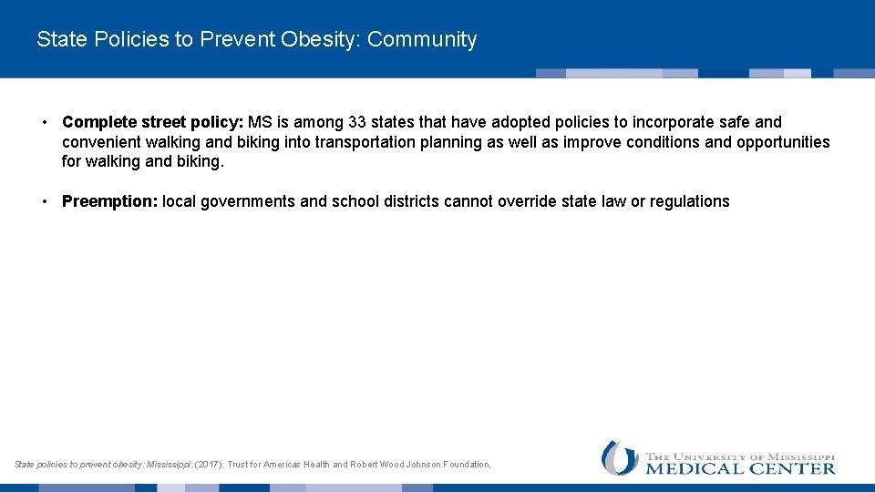  State Policies to Prevent Obesity: Community • Complete street policy: MS is among
