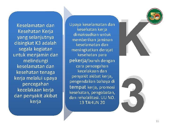 Keselamatan dan Kesehatan Kerja yang selanjutnya disingkat K 3 adalah segala kegiatan untuk menjamin